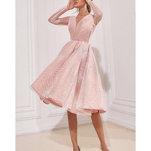 

Women's Casual Dress Swing Dress Midi Dress Pink Long Sleeve Pure Color Sequins Winter Fall Spring V Neck Fashion Party Winter Dress Wedding Guest 2022 S M L XL 2XL 3XL
