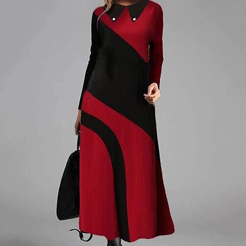 

damen arbeitskleid swingkleid langes kleid maxikleid rot langarm geometrisch bedruckt winter herbst herbst rundhals modern winterkleid herbstkleid schlank 2023 s m l xl 2xl 3xl