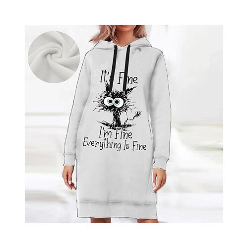 

robe à capuche pour femme robe d'hiver mini robe courte vert blanc jaune manches longues chat lettre imprimé animal automne hiver à capuche décontracté lâche 2022 s m l xl xxl 3xl / coton