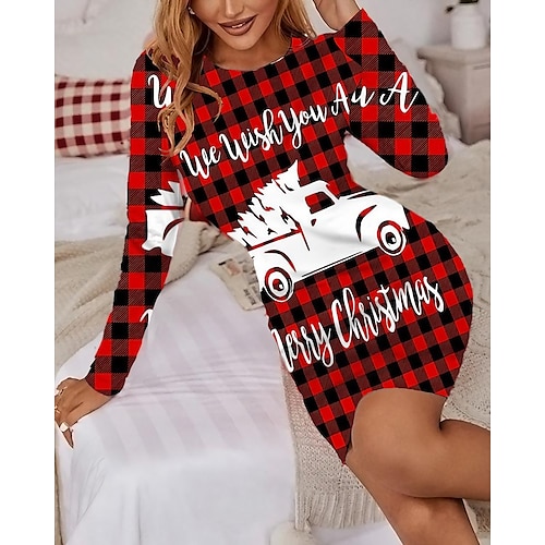 

vestido casual de navidad para mujer vestido de tubo mini vestido azul rojo blanco manga larga pata de gallo estampado de muñeco de nieve patchwork estampado invierno otoño cuello redondo casual