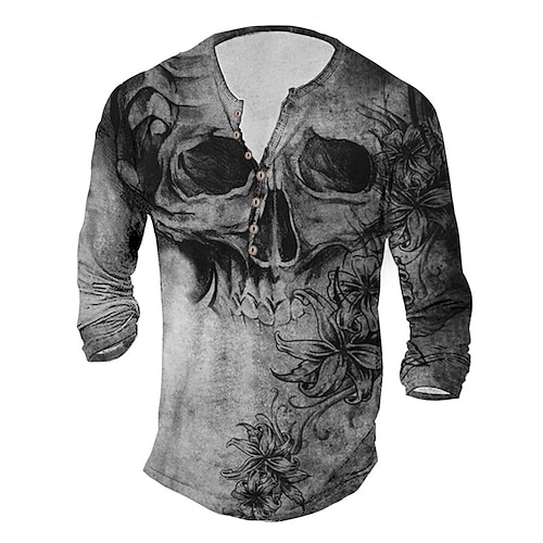 

Men's T shirt Tee Henley Shirt Tee Graphic Skull Henley Dark Gray 3D Print Outdoor Daily Long Sleeve Button-Down Print Clothing Apparel Basic Designer Classic Comfortable