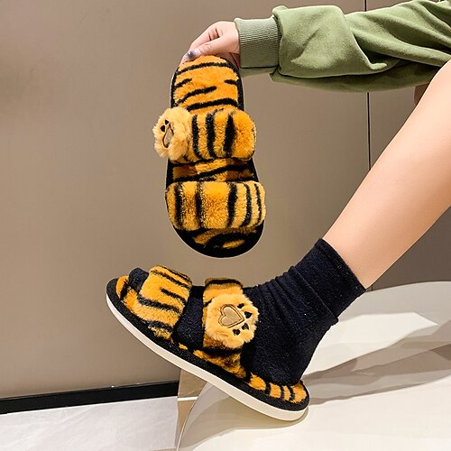 

Women's Slippers Home Fuzzy Slippers Fluffy Slippers House Slippers Plush Slippers Winter Flat Heel Open Toe Polyester Loafer Black / White Black / Yellow