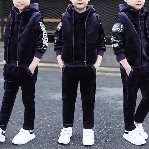 

3 Dele Børn Drenge Hættetrøje & Bukser Tøjsæt Outfit Bogstaver Langærmet Sæt Skole Sej Afslappet Vinter Efterår 7-13 år Sort Navyblå