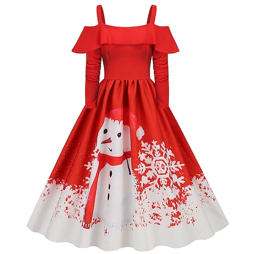 

Women's Christmas Vintage Dress Knee Length Dress Wine Light Red Red White Black Long Sleeve Santa Claus Elk Snowman Cold Shoulder Print Fall Winter Spaghetti Strap Vacation Vintage 2022