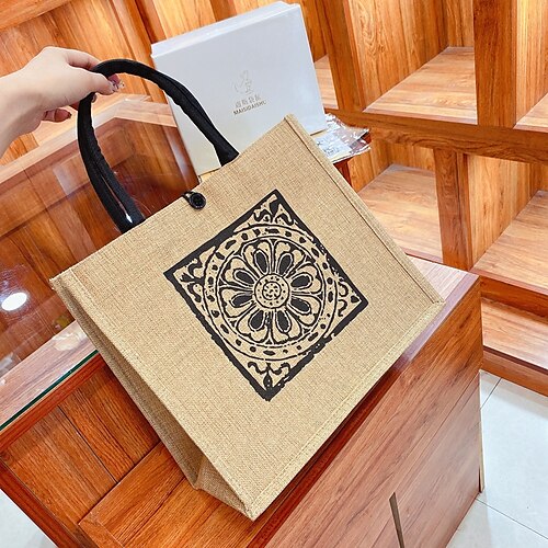 

Women's Work Bag Tote Top Handle Bag Linen Artwork Daily Black