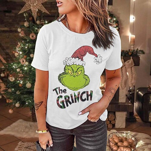 

Women's T shirt Tee Green Black Pink Graphic Print Short Sleeve Christmas Weekend Basic Round Neck Regular Painting S