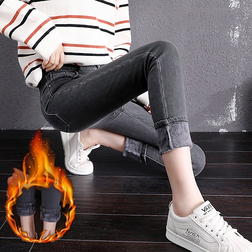 

Women's Fleece Pants Tights Pants Trousers Leggings Denim Fleece lined Light Blue Black Dark Blue Fashion Casual Daily Side Pockets Stretchy Ankle-Length Thermal Warm Plain S M L XL XXL / Slim