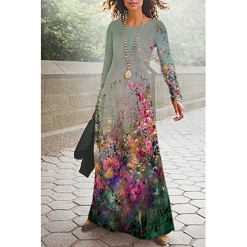 

Women's Casual Dress Long Dress Maxi Dress Green Purple Pink Long Sleeve Floral Print Winter Fall Crew Neck Casual Romantic Fall Dress 2022 S M L XL 2XL 3XL 4XL 5XL 6XL / Winter Dress