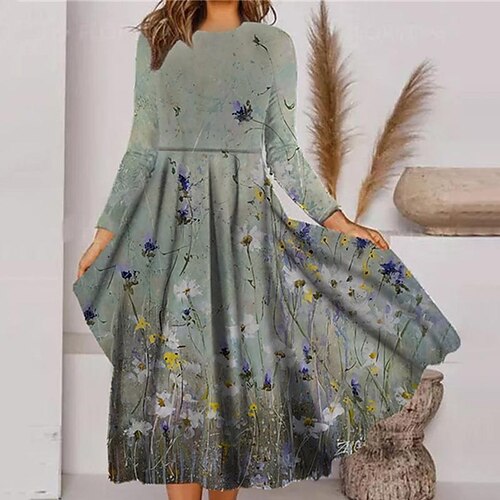

Women's Casual Dress Swing Dress Midi Dress Green Light Green Khaki Gray Long Sleeve Floral Pocket Print Winter Fall Vacation Casual Fall Dress 2022 S M L XL XXL 3XL / Winter Dress