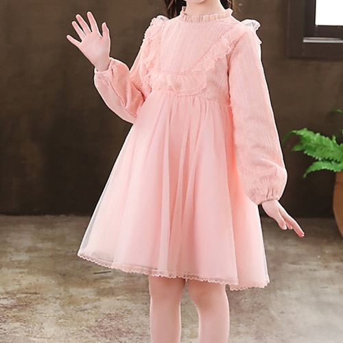 

Niños Chica Vestido Color sólido Manga Larga Rendimiento Festivos Princesa Hermosa Poliéster Hasta la Rodilla Vestido de una línea Otoño Invierno 3-10 años Champaña Rosa Rojo