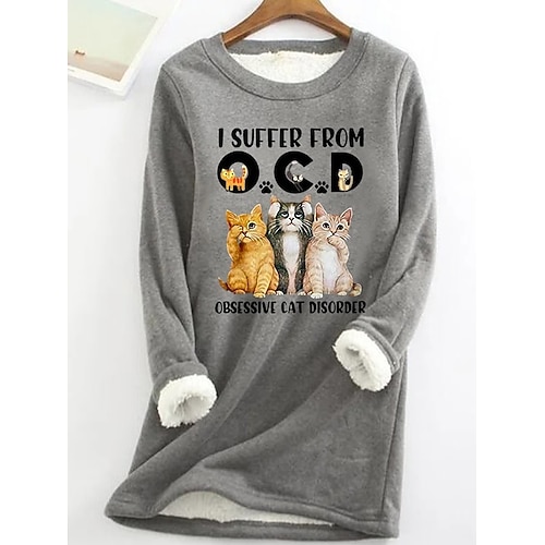 

Women's Sweatshirt Pullover Sherpa Fleece Teddy Black Blue Light Grey Graphic Street Round Neck Long Sleeve Fleece S M L XL 2XL 3XL