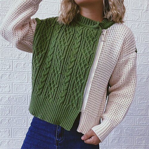 

Women's Cardigan Sweater Jumper Cable Knit Zipper Knitted Color Block Crew Neck Stylish Casual Outdoor Daily Winter Fall Army Green Khaki S M L / Long Sleeve / Regular Fit / Going out