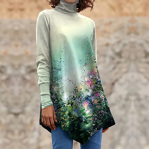 

Women's T shirt Tee Green Floral Print Long Sleeve Holiday Weekend Basic High Neck Long Floral Painting S