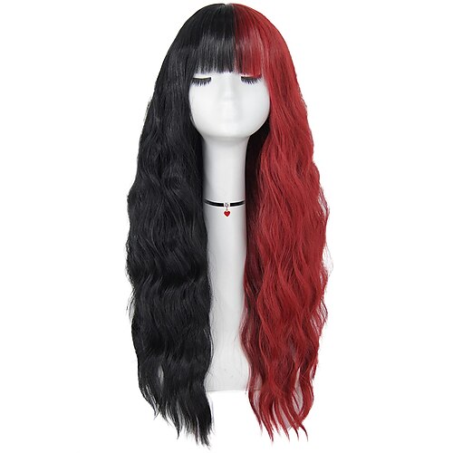 

Red Black Wigs for Women 26 Long Black and Red Body Wavy Soft Hair Wig with Natural Bangs Heat Resistant Synthetic Curly Wig Christmas Party Wigs