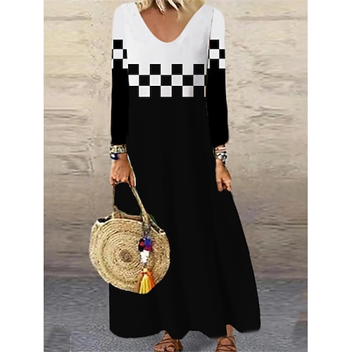 

Women's Casual Dress Shift Dress Long Dress Maxi Dress Black White Long Sleeve Print Winter Fall Autumn V Neck Winter Dress Weekend Fall Dress 2022 XS S M L XL 2XL 3XL 4XL 5XL 6XL