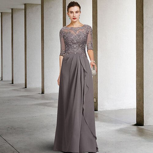 

A-Line Mother of the Bride Dress Plus Size Elegant Jewel Neck Floor Length Chiffon Lace Half Sleeve with Pleats Beading Appliques 2022