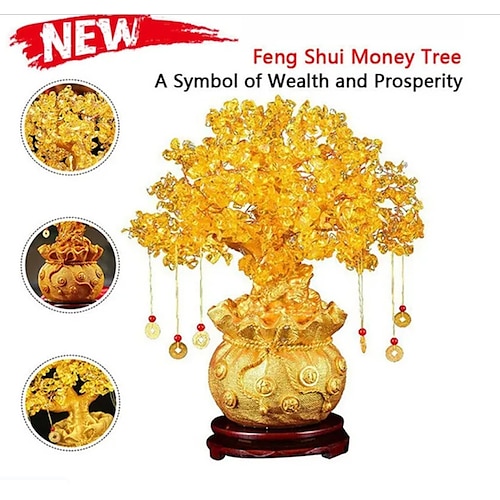 

New Lucky Tree Feng Shui Money Fortune Tree Feng Shui Citrine Money Tree Natural Crystal Bonsai Style Money Tree with Wealth Coins for Tabletop Decoration Home Office Store