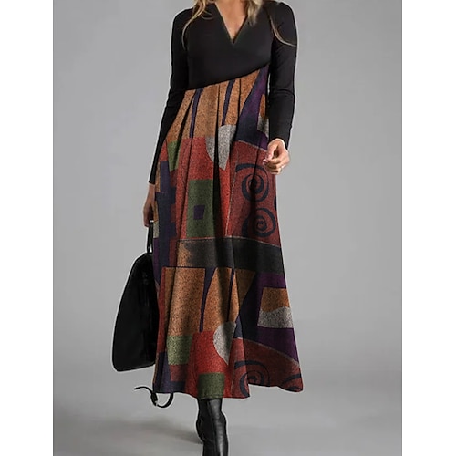 

Women's Swing Dress Print Dress Midi Dress Brown Long Sleeve Color Block Patchwork Fall Winter V Neck Stylish Modern 2022 S M L XL 2XL 3XL