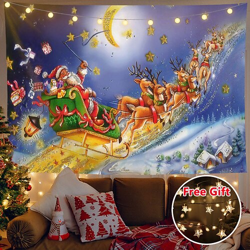 

Christmas Santa Claus Holiday Party Wall Tapestry Photography Backround Art Decor Hanging Bedroom Living Room Decoration Tree Snowman Elk Snowflake Candle Gift Fireplace(with LED String Lights)