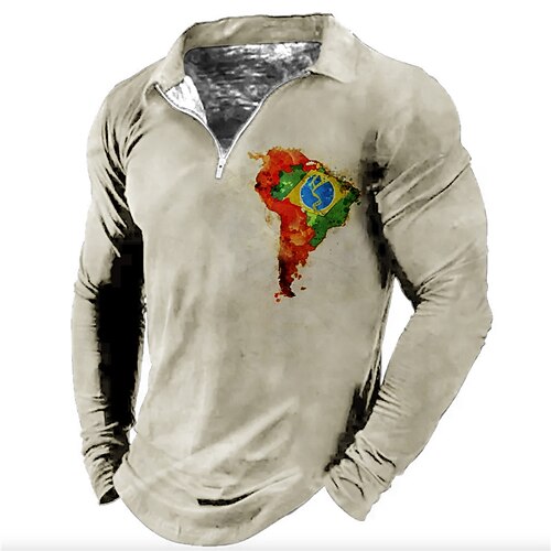 

Men's Collar Polo Shirt Golf Shirt World Cup 2022 Sports Turndown Gray 3D Print Outdoor Sports Long Sleeve Zipper Print Clothing Apparel Fashion Designer Casual Breathable