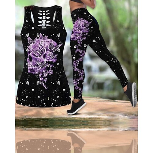 

Women's Yoga Set 3D Set 2 Piece Cut Out Butterfly Clothing Suit Color1 Color 2 Yoga Fitness Tennis Breathable Moisture Wicking Sport Activewear High Elasticity / Athletic / Athleisure / Skull