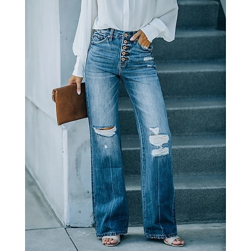 

Women's Jeans Distressed Jeans Denim Blue Fashion Street Casual Side Pockets Wide Leg Micro-elastic Full Length Comfort Plain S M L XL / Baggy / Cut Out / Ripped