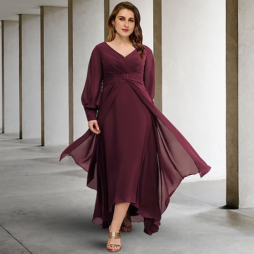 

A-Line Plus Size Curve Mother of the Bride Dresses Elegant Dress Formal Floor Length Short Sleeve Off Shoulder Chiffon with Pleats Ruched 2022