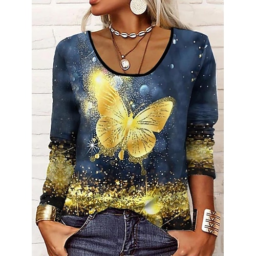 

Women's T shirt Tee Golden Orange Cat Butterfly Print Long Sleeve Casual Halloween Round Neck Regular S