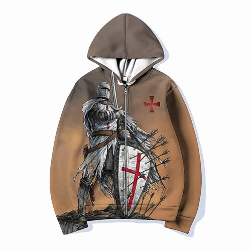 

Men's Full Zip Hoodie Jacket Brown Hooded Templar Cross Knights Templar Graphic Prints Zipper Print Sports & Outdoor Daily Sports 3D Print Streetwear Designer Casual Spring & Fall Clothing Apparel