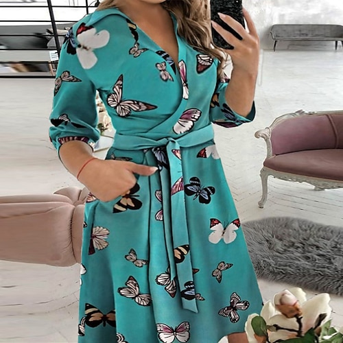 

Women's Plus Size A Line Dress Animal V Neck Long Sleeve Winter Fall Elegant Casual Midi Dress Daily Vacation Dress / Butterfly