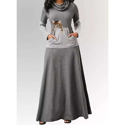 

Women's Sheath Dress Swing Dress Maxi long Dress Gray Long Sleeve Cat Print Fall Winter Boat Neck Casual Modern 2022 S M L XL 2XL 3XL