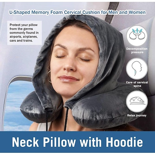 

Hooded U-shaped Pillow Aircraft Car Travel Pillow Sleeping Office Nap With Hooded Neck Support U-pillow