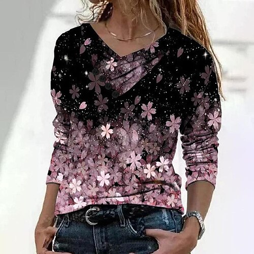 

Women's Blouse Floral Style Color Gradient Regular Spring & Fall Green Purple Pink Light Green Grey