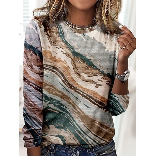 

Women's T shirt Tee Rainbow Color Gradient Patchwork Print Long Sleeve Casual Daily Basic Round Neck Regular Abstract S