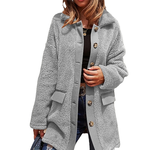 

Women's Sherpa jacket Fleece Jacket Teddy Coat Warm Breathable Outdoor Daily Wear Vacation Going out Button Pocket Single Breasted Turndown Casual Lady Comfortable Shacket Solid Color Regular Fit