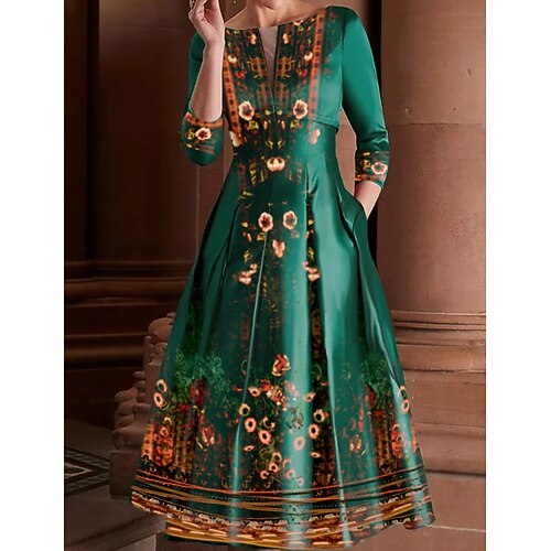 

Women's Party Dress Swing Dress Midi Dress Green 3/4 Length Sleeve Floral Ruched Print Fall Winter V Neck Party Stylish Modern 2022 S M L XL XXL 3XL