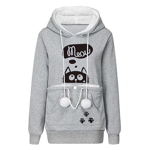 

Women's Hoodie Sweatshirt Pullover Streetwear Sherpa Fleece Teddy Front Pocket Grey Black Cat Street Hoodie Long Sleeve S M L XL 2XL 3XL
