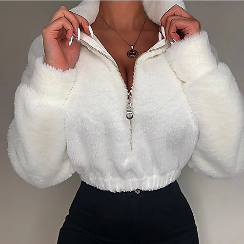 

Women's Fleece Jacket Sherpa Fleece Teddy Zip Up White Solid Color Street V Neck Long Sleeve Fleece S M L