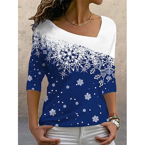 

Mujer Camiseta Negro Rojo Azul Piscina Copo Estampado Manga Larga Navidad Fin de semana Básico Navidad Escote en Pico Regular Pintura S