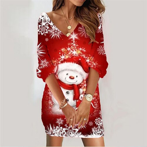 

Women's Christmas Sweatshirt Dress Shift Dress Mini Dress Wine 3/4 Length Sleeve Snowman Print Winter Fall V Neck Vacation Casual 2022 S M L XL XXL 3XL