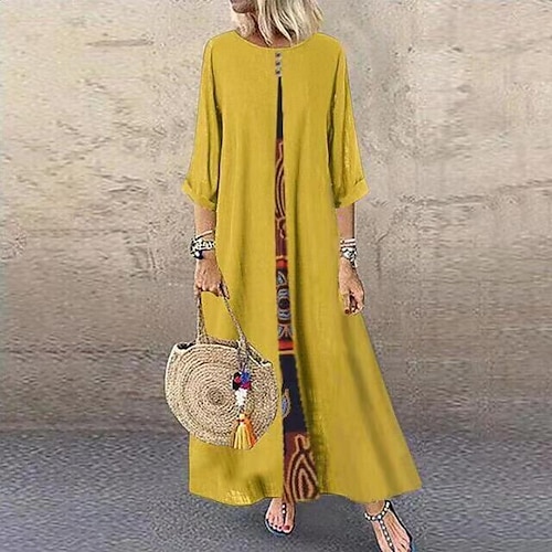 

Women's Casual Dress Shift Dress Long Dress Maxi Dress claret Yellow Dark Blue 3/4 Length Sleeve Print Print Winter Fall Crew Neck Boho Casual Modern Fall Dress 2022 L XL 2XL 3XL 4XL 5XL / Boho Dress