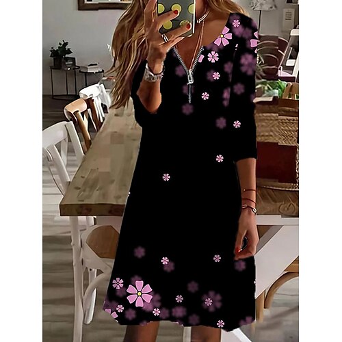 

Women's Casual Dress Shift Dress Knee Length Dress Knee Length Dress Black Dark Blue Long Sleeve Floral Zipper Winter Fall Autumn V Neck Stylish Winter Dress Weekend Fall Dress 2023 S M L XL 2XL 3XL