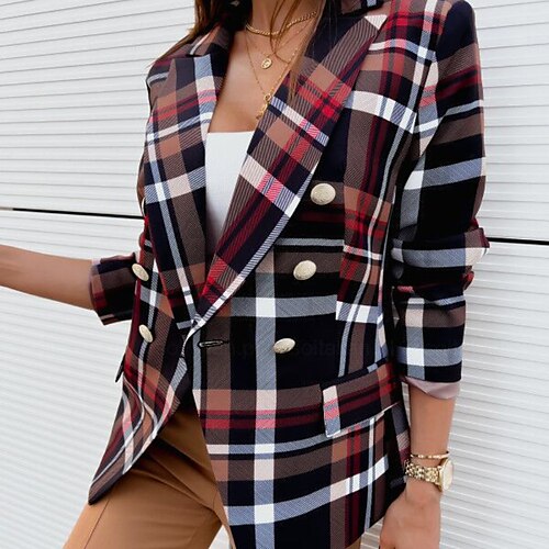 

Women's Blazer Warm Breathable Outdoor Office / Career Holiday Button Pocket Double Breasted Turndown Comfortable Street Style Plaid Regular Fit Outerwear Long Sleeve Winter Fall Blue Khaki Red S M L