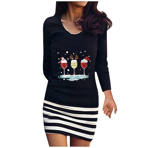 

Women's Christmas Casual Dress Bodycon Sheath Dress Mini Dress Black Blue Yellow Long Sleeve Santa Claus Print Winter Fall Autumn Crew Neck Vacation Loose Fit 2022 S M L XL XXL 3XL 4XL 5XL / Striped