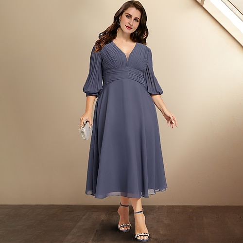 

A-Line Plus Size Curve Mother of the Bride Dresses Elegant Dress Formal Tea Length Half Sleeve V Neck Chiffon with Pleats Ruched 2022