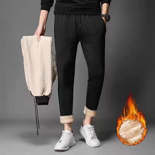 

Men's Sherpa Sweatpants Joggers Winter Pants Trousers Drawstring Elastic Waist Solid Colored Warm Full Length Daily Wear Sherpa Casual Black
