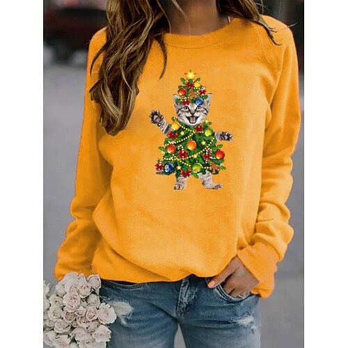 

Women's Sweatshirt Basic Christmas Print Green Yellow Fuchsia Cat Christmas Crewneck Long Sleeve S M L XL 2XL