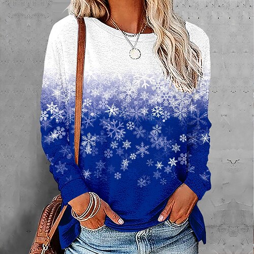 

Women's T shirt Tee Green Blue Red Snowflake Print Long Sleeve Christmas Weekend Basic Round Neck Regular Floral Painting S