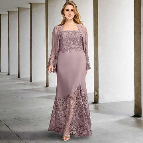 

Two Piece A-Line Plus Size Curve Mother of the Bride Dresses Elegant Dress Formal Asymmetrical Sleeveless Square Neck Chiffon with Appliques Splicing 2022