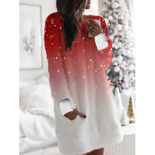 

Women's Christmas Hoodie Dress Shift Dress Mini Dress Wine Light Red Fuchsia Red White Long Sleeve Plaid Elk Color Gradient Pocket Print Winter Fall Hooded Casual 2022 S M L XL XXL 3XL